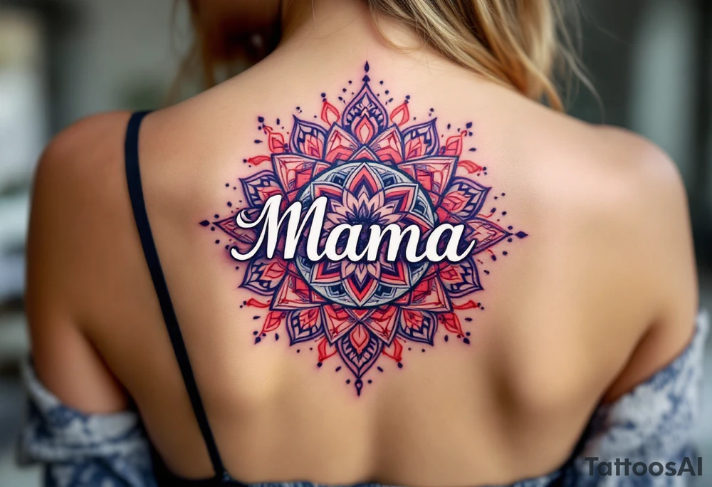 A vibrant mandala in reds and purples surrounding the word “Mama” in white ink. tattoo idea
