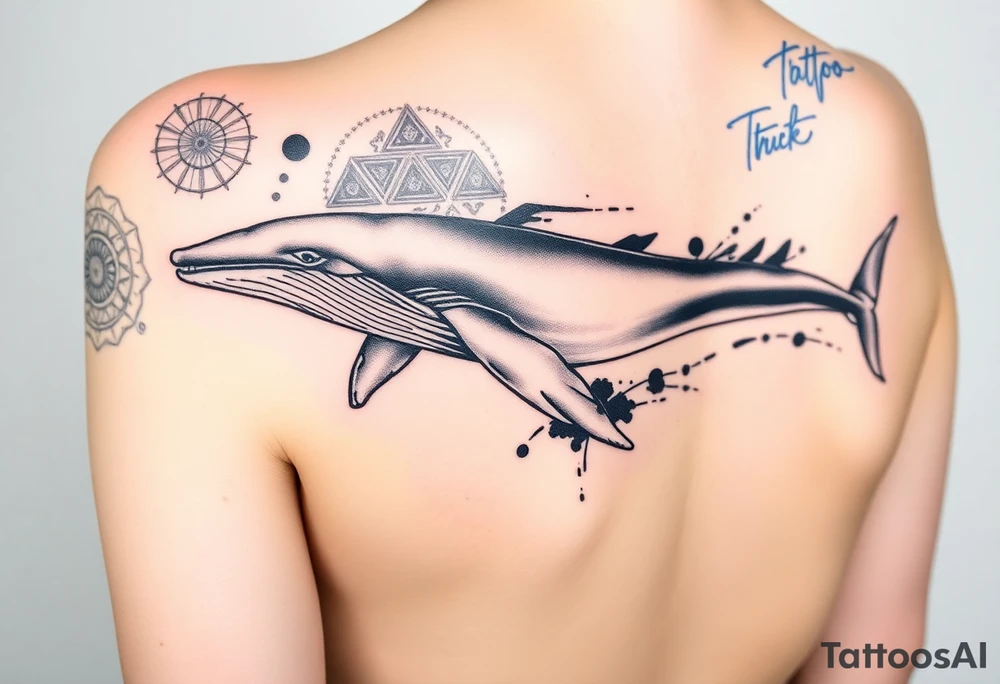 “A realistic-style humpback whale swimming forward across the upper bicep, with its tail transitioning into abstract brushstrokes and artistic smudges. Background includes sacred geometric shapes (circles, triangles, lines) integrated subtly, and a detailed Maori/Polynesian tribal tattoo only on the shoulder area. Add expressive blue calligraphic scribbles – more like ink gestures than text. tattoo idea