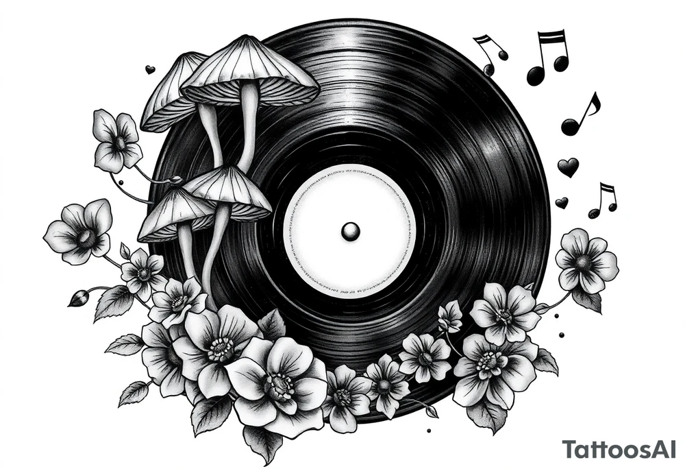 vinyl record with mushrooms, flowers, hearts, and music notes tattoo idea