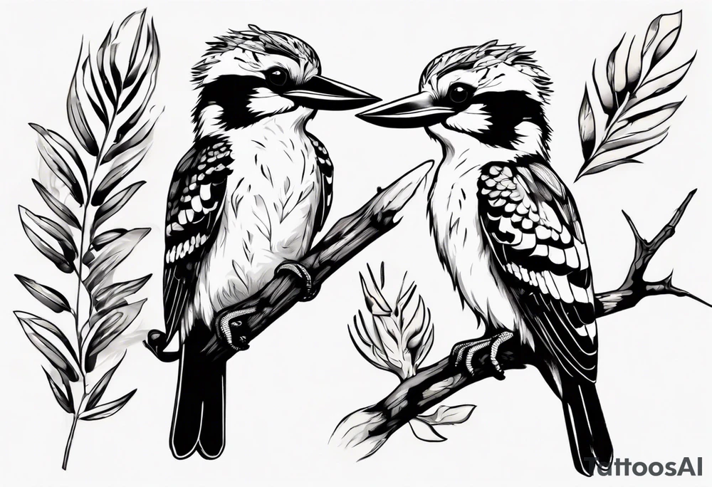 Small kookaburra sitting on wattle leaves tattoo idea