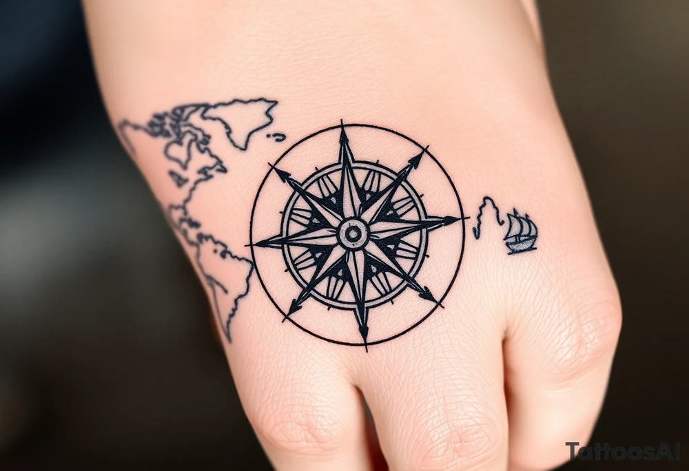 antique compass rose overlaid on weathered world map with sailing ships tattoo idea