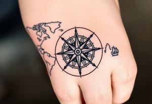 antique compass rose overlaid on weathered world map with sailing ships tattoo idea