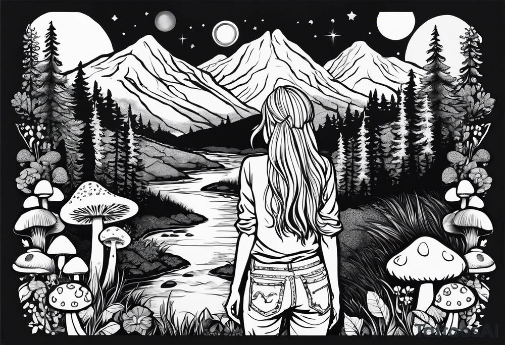 Whole picture encircled fully

Straight long blonde hair hippie girl in distance holding mushrooms in hand facing away toward mountains and creek surrounded by mushrooms long sleeve shirt and hiking pants; whole rendering within a full circle, no cut off circle tattoo idea