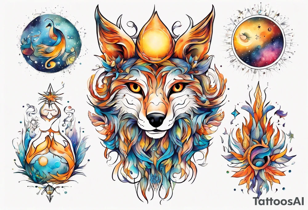 fisch, fuchs und eule , symetrie  sonne, universum, bunt, " sapere aude" tattoo idea