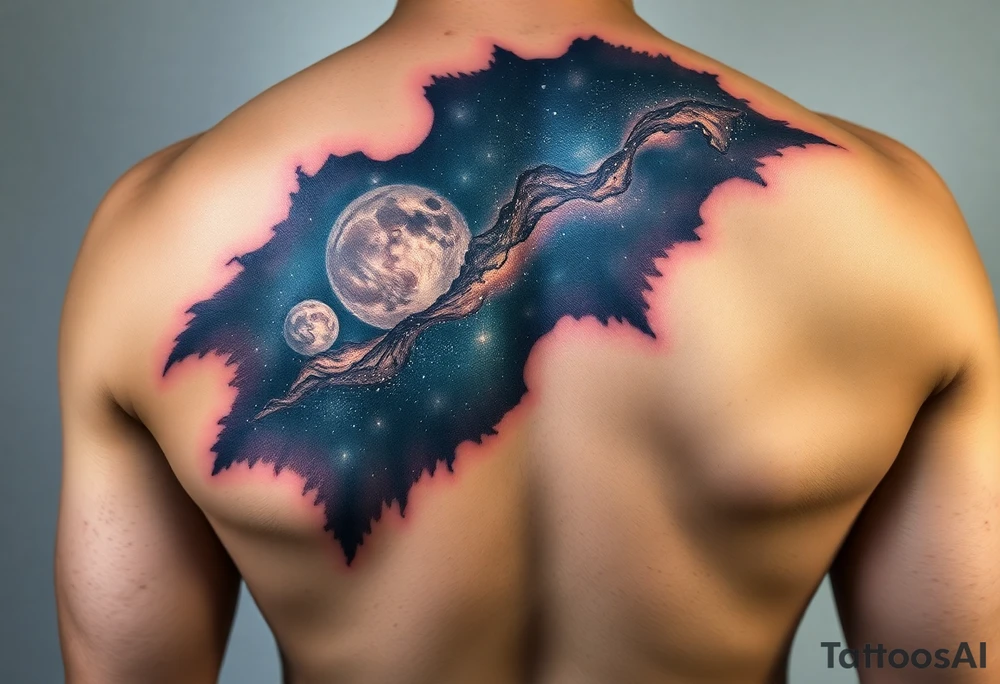 Beautiful and epic 3d milky way that appears to be what is beneath the skin. Make it drape over the shoulder and move to the middle back. use negative spaces to create stars and dust. Keep it symmetrical and focus on the beauty of space tattoo idea