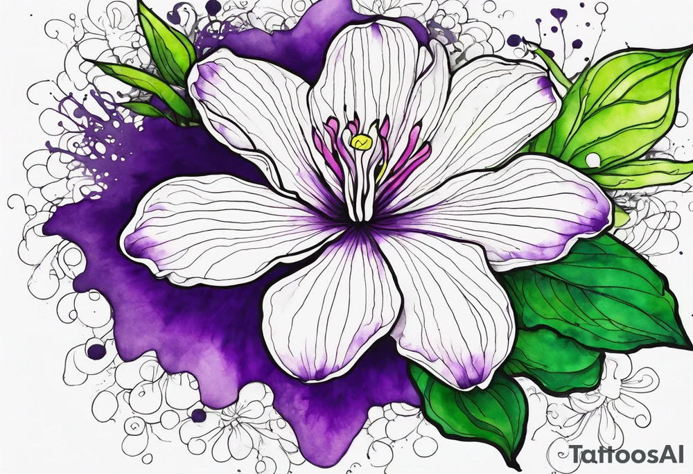 A mystical outline of a rio dipladenia flower and a green/purple watercolor splash in the background tattoo idea