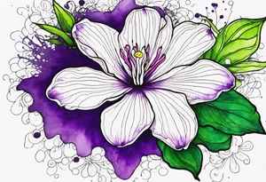 A mystical outline of a rio dipladenia flower and a green/purple watercolor splash in the background tattoo idea