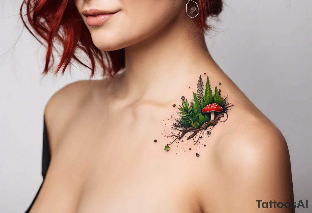 minimalistic forest floor inspired tattoo, which includes grass, moss, curly ferns and dead leaves as the bulk of the tattoo. details to include: forest berries, couple of very small brown mushrooms, a tiny bumblebee flying nearby tattoo idea