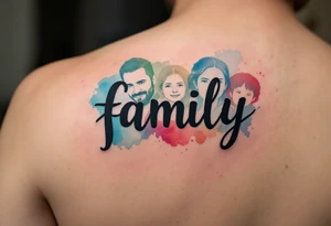Family Watercolor Portrait Tattoo – The word "family" in bold black lettering, surrounded by abstract watercolor portraits of family members in shades of blue, green, and red. tattoo idea
