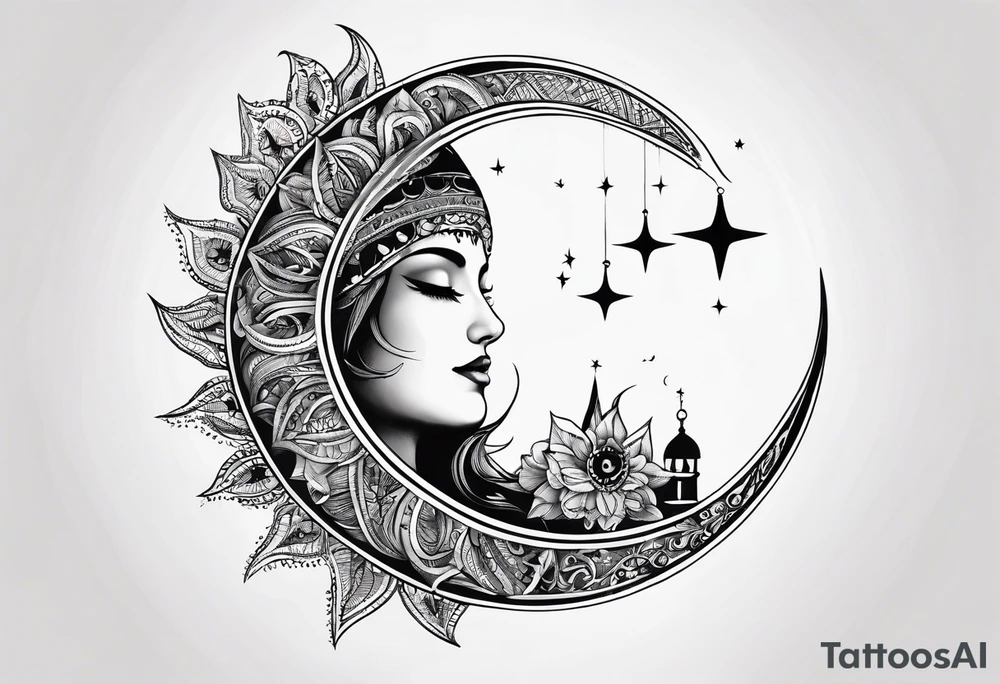 The sun covering half of the Waning crescent moon tattoo idea