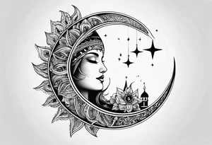 The sun covering half of the Waning crescent moon tattoo idea