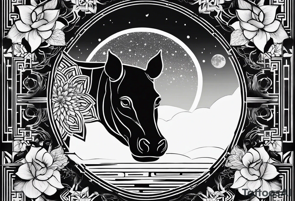 Very asymmetrical, +geometric pattern, with realistic full moon, with serious looking hippo, +zen feel, + Buddhism touch, +tribal, +geometric, +chinese inkart 
with wintersweet flower bud, +portrait orientation, +inkart touch, tattoo idea