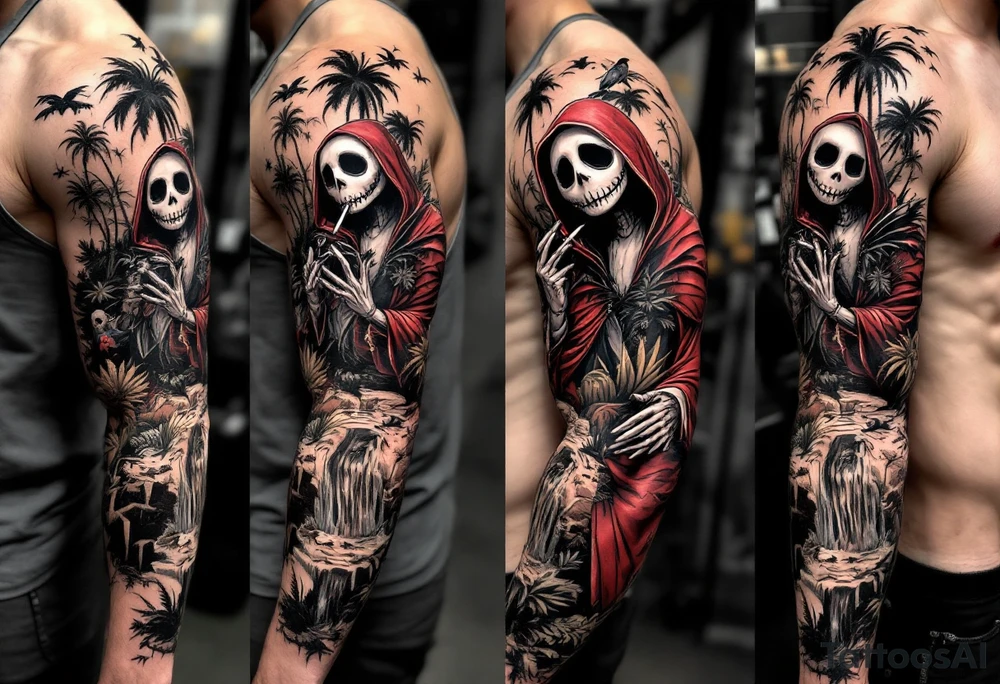 jack skellington in red king robe , smoking a blunt, in nature jungle, waterfall, birds, palm trees tattoo idea