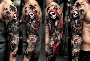 jack skellington in red king robe , smoking a blunt, in nature jungle, waterfall, birds, palm trees tattoo idea