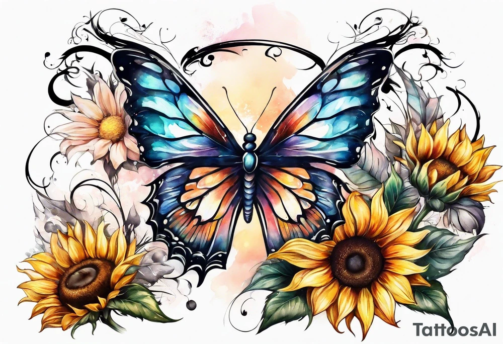 Sleeve with angel wings, sunflower and butterfly tattoo idea
