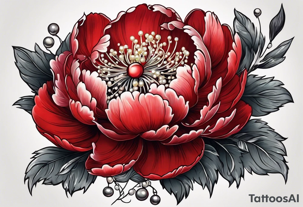Red peony with dangling pearls with rabbit on top tattoo idea