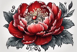 Red peony with dangling pearls with rabbit on top tattoo idea