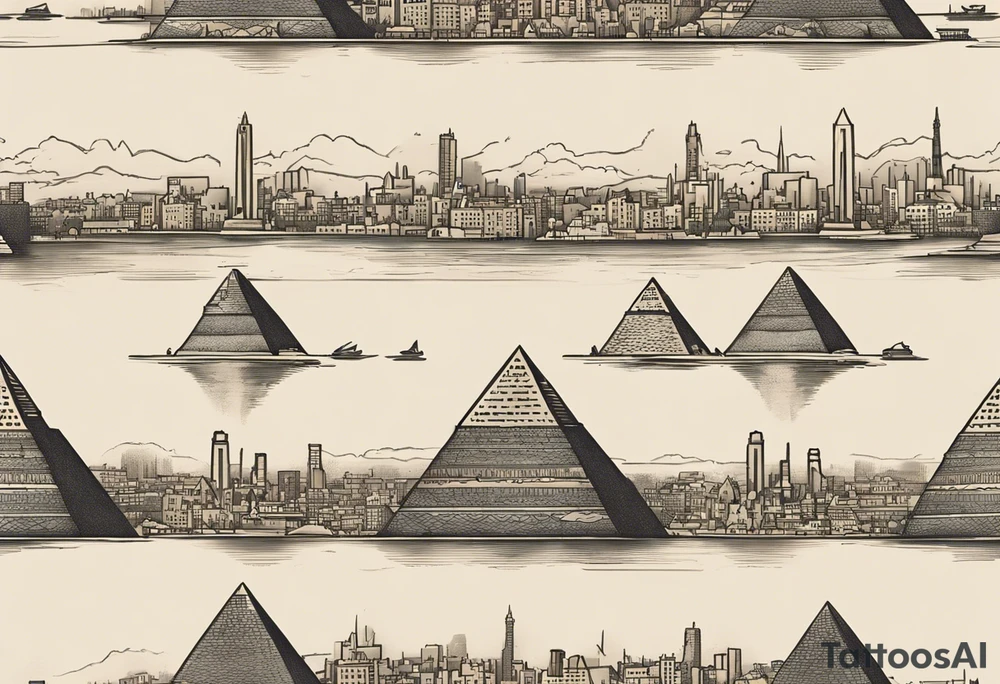 Craft a concise yet powerful tattoo that blends the Pyramids of Giza with the Manhattan skyline as the backdrop, seamlessly integrating the Nile River with the Hudson River. Keep it simple, focusing on key elements like pyramid silhouettes and iconic skyscrapers, allowing the rivers to converge naturally. Opt for a balanced composition with minimal detailing, capturing the essence of your Egyptian heritage alongside your life in New York tattoo idea