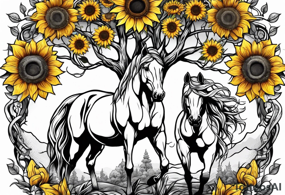 Yggdrasil tree, horse in front of it, and sunflowers tattoo idea