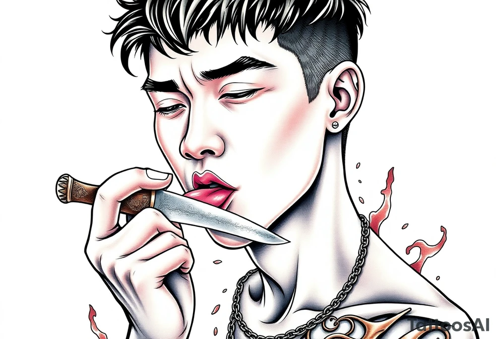 Handsome Asian young guy is licking a ritual knife tattoo idea