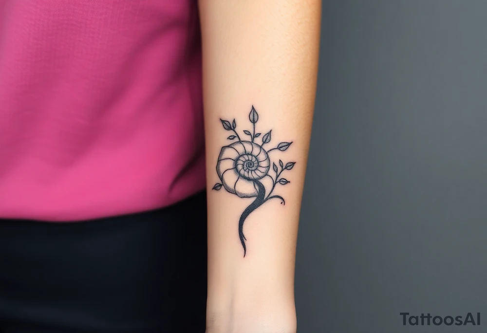 Fibonacci spiral shell inside of tree with leaves tattoo idea