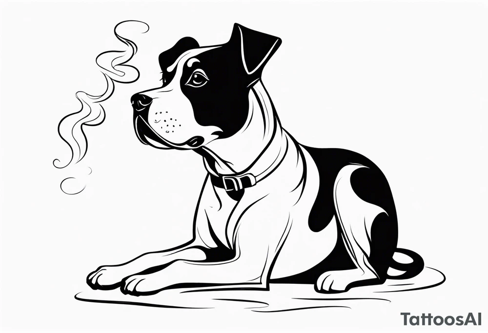 A sketch of a cute dog with large, sad eyes, sitting and smoking a joint
, with smoke swirling around its head tattoo idea