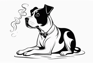 A sketch of a cute dog with large, sad eyes, sitting and smoking a joint
, with smoke swirling around its head tattoo idea