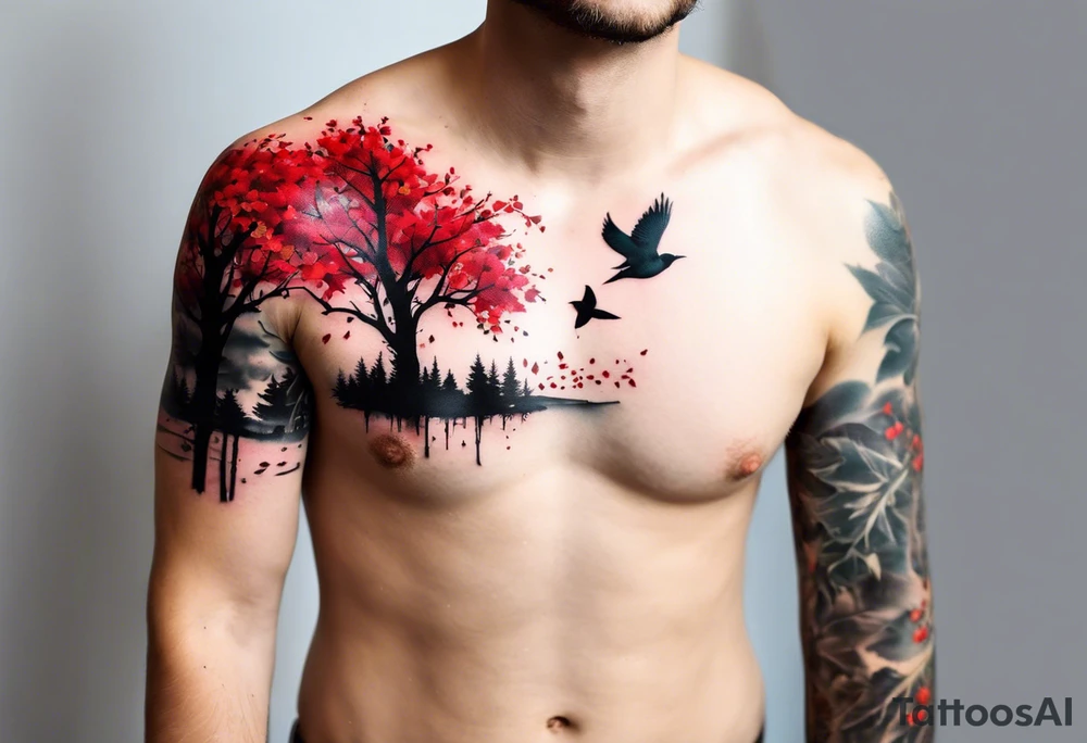 trash polka style. Arm tattoo. chest tattoo. Long tattoo. large tattoo. Full sleeve. Shoulder. A single large maple tree with red autumn leaves that branches upwards from wrist to shoulder. White-throated dipper bird on the trees branches. Calluna flowers at the base of the trees stem. Tree stem has dark colors. Red/yellow sunset behind the trees stem. Leaves falling. tattoo idea