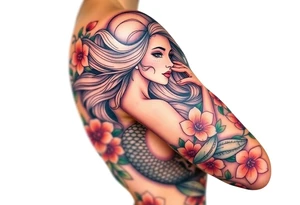ethereal mermaid with flowing hair among coral and sea flowers tattoo idea