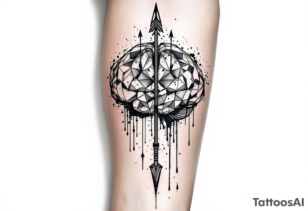 A geometric, vertical, front-seen brain. A detailed arrow crosses from below and exit from the top, with its tip desintegrating to represent entropy and watercolor stains spilled from the arrow. tattoo idea