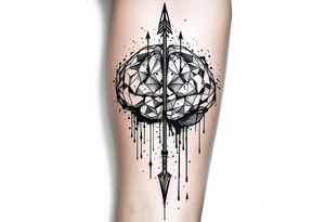 A geometric, vertical, front-seen brain. A detailed arrow crosses from below and exit from the top, with its tip desintegrating to represent entropy and watercolor stains spilled from the arrow. tattoo idea