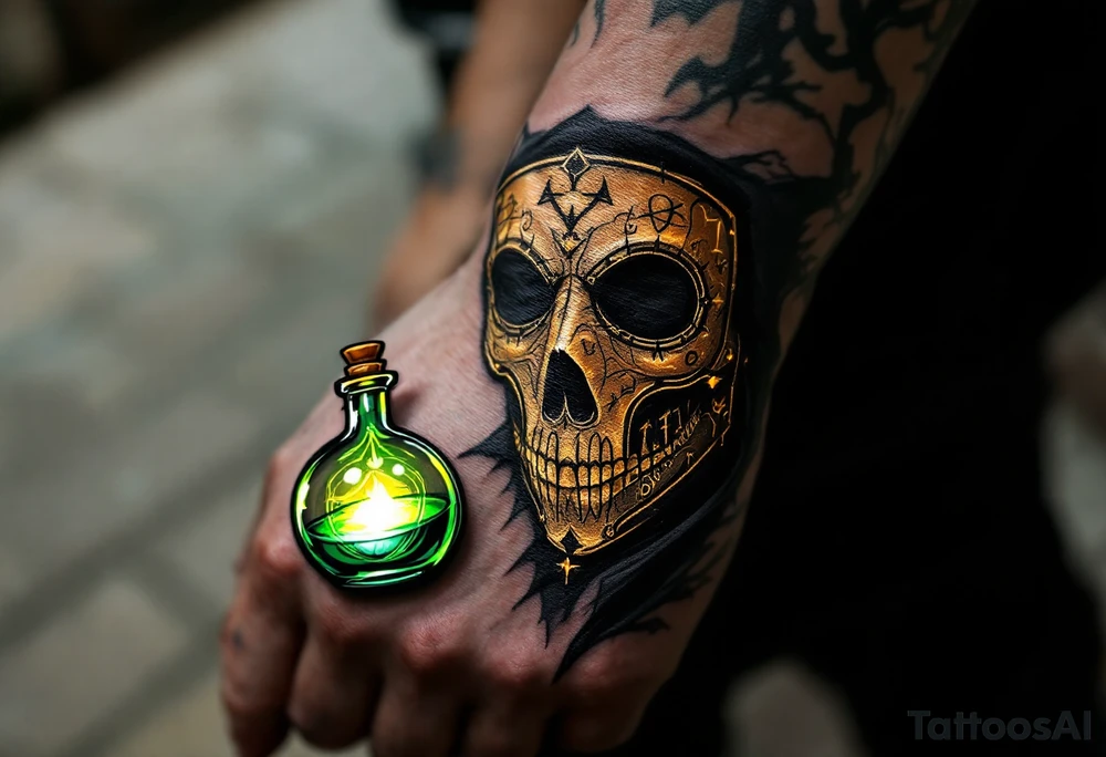 Alchemist Plague Doctor – A mystic plague doctor with tipical mask holding a potion bottle with a glowing deep green elixir inside. The mask is dark tan, with golden etchings resembling ancient alchemy symbols. tattoo idea