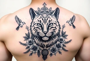 powerful majestic cat with a crown, surrounded by floral ornaments and birds tattoo idea