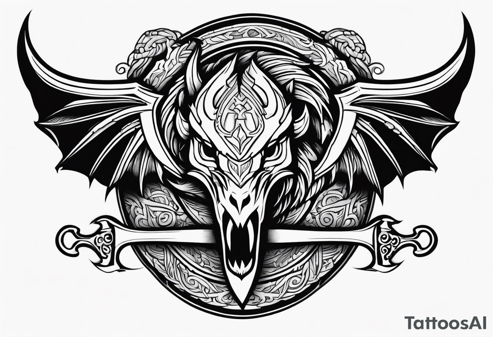 Valhalla sword shield dragon head axe tattoo idea