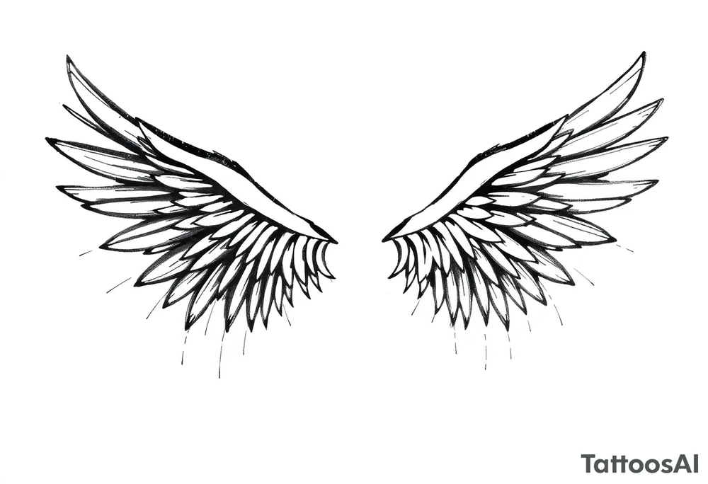 the wings go up

This tattoo design features a pair symmetrical angel wings drawn in black ink with a rough, sketch-like style. The left wing is darker, more defined, and appears denser, while the right wing is lighter, more delicate, and fragmented, creating a contrast between the two. The feathers are sharp and irregular, with fine lines and stray strokes extending outward, adding a raw and artistic feel. The overall look is dynamic and slightly chaotic, giving the impression of movement or an unfinished, ethereal form. This design symbolizes duality, freedom, transformation, or even struggle, making it a meaningful and visually striking tattoo. tattoo idea