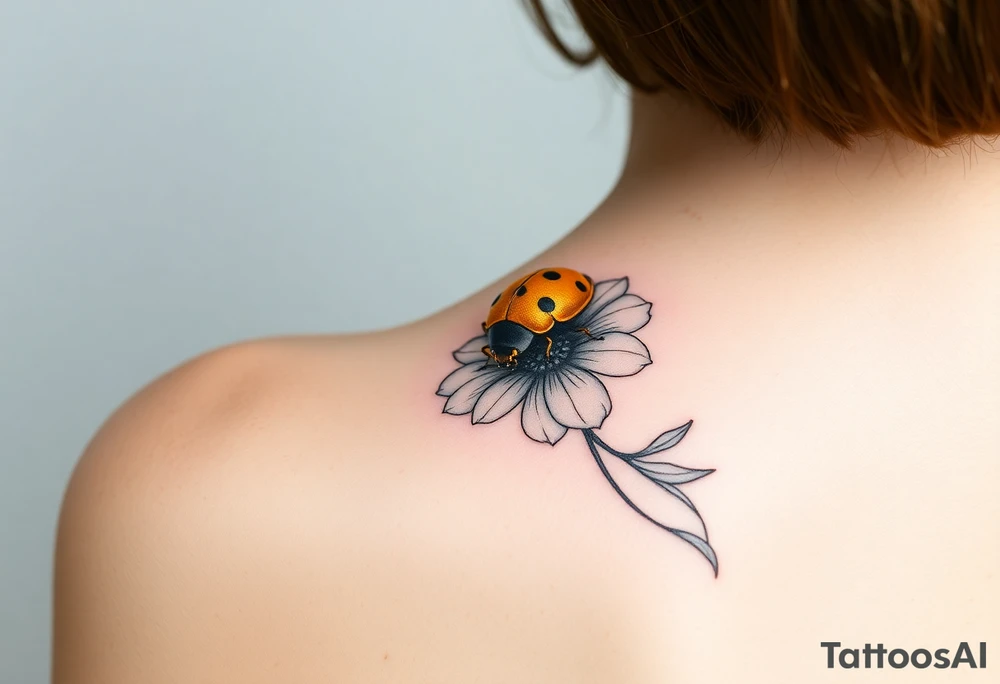 Golden or yellow ladybug on a whispy flower tattoo idea