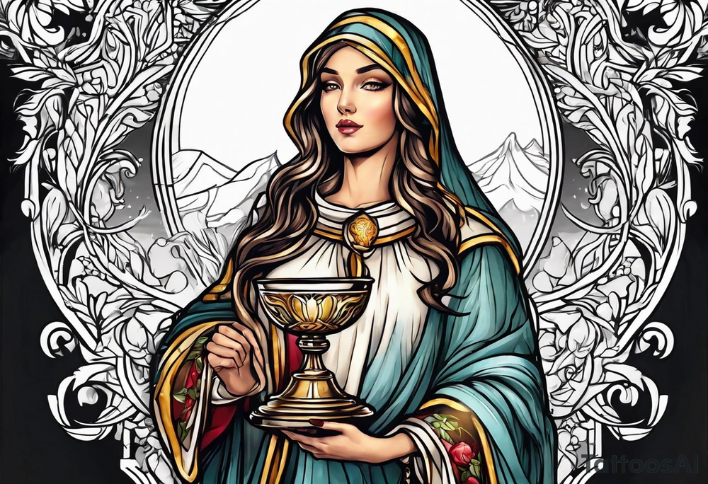 Female saint holding a chalice tattoo idea