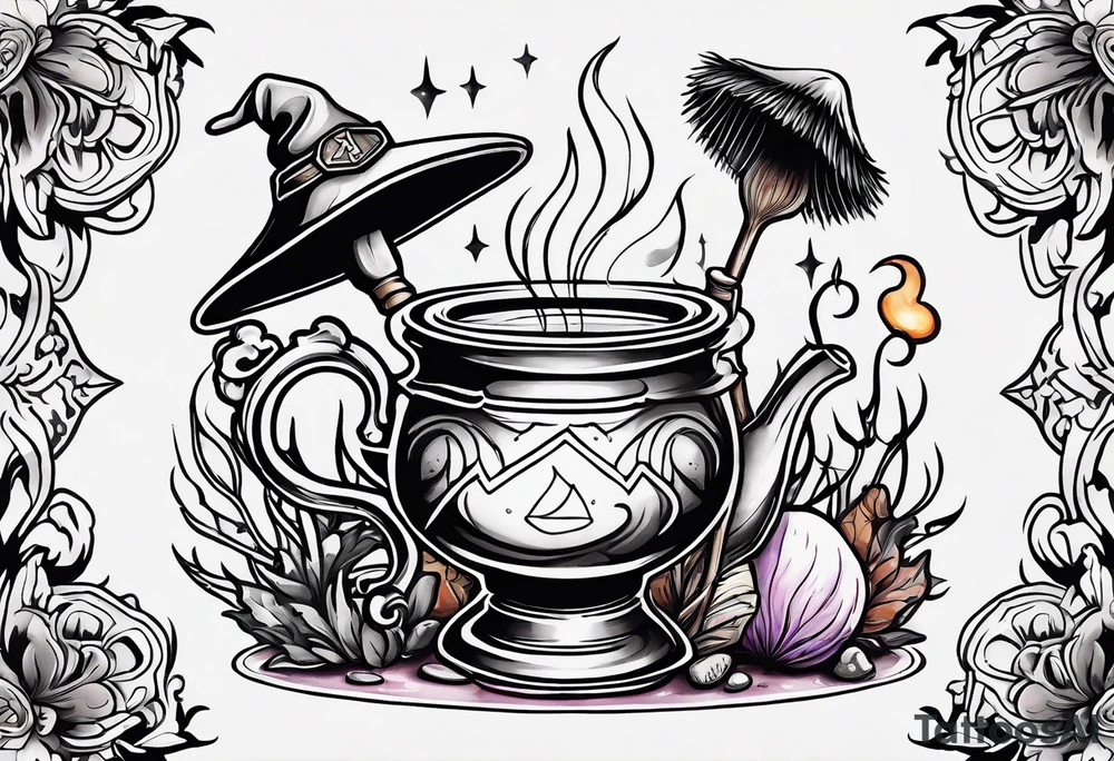 Witchy vibes with a broom, boiling pot, spell book, crystals, and mushrooms tattoo idea