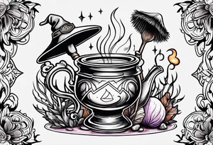 Witchy vibes with a broom, boiling pot, spell book, crystals, and mushrooms tattoo idea