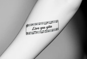 sheet music with the first 1 minute of Santana's song samba pa ti with the phrase "Live Your Lyrics" in fancy cursive between the top and bottom staves tattoo idea