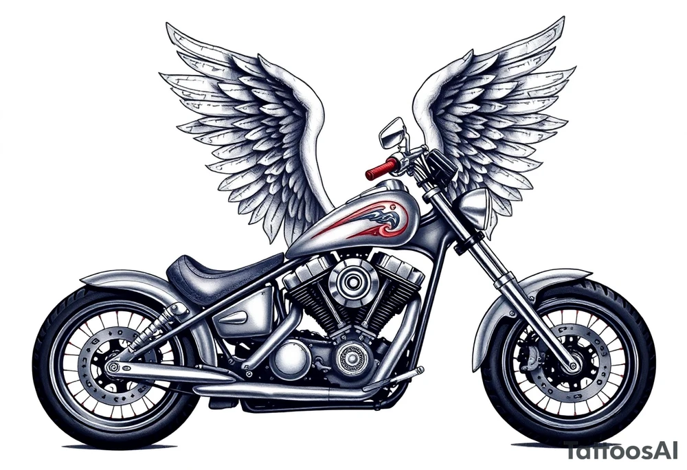 Low rider grey motorcycle, flames, angel wings tattoo idea