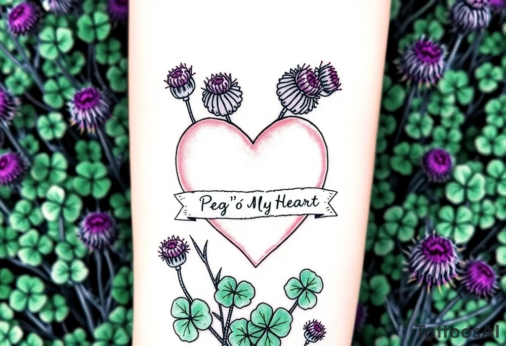a big pale pink heart in a huge patch of green shamrocks, and  purple thistles with a banner across the heart that says Peg 'o My Heart tattoo idea