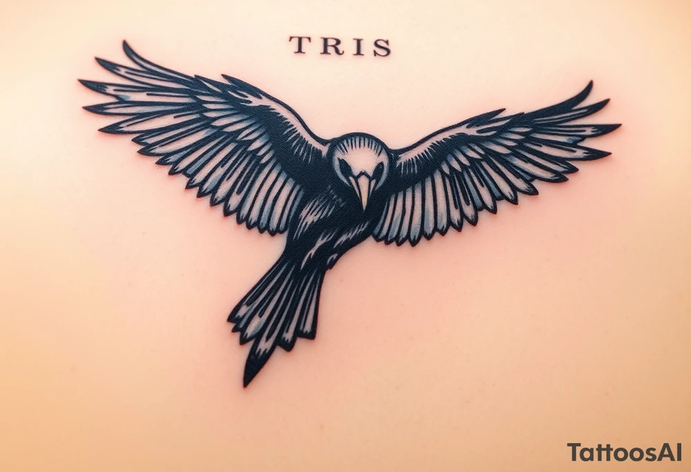 A detailed raven in mid-flight, wings spread wide with intricate feather patterns, symbolizing Tris’s journey, representing sci fi movie Divergent tattoo idea