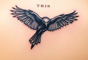 A detailed raven in mid-flight, wings spread wide with intricate feather patterns, symbolizing Tris’s journey, representing sci fi movie Divergent tattoo idea