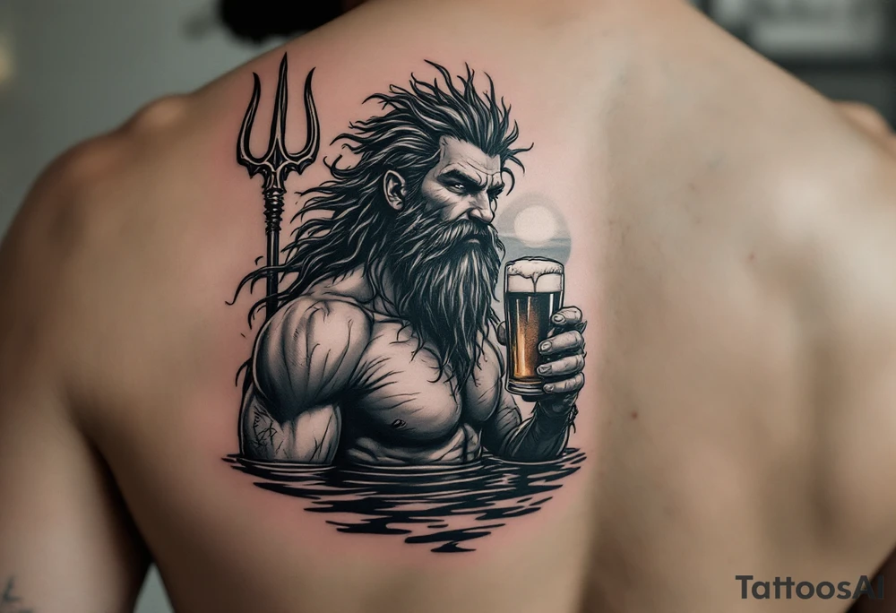 young, happy, fit poseidon in calm water, holding a trident, drinking a beer, with sunset tattoo idea