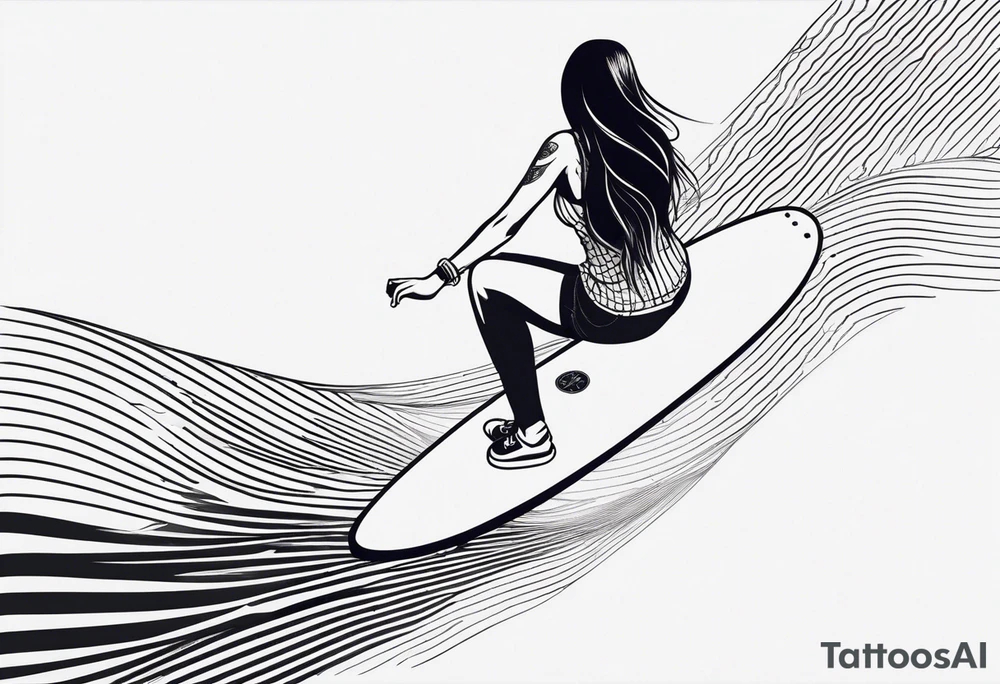 A girl that surfs on a longboard in a very elegant style and it should be very minimalistic and fineline tattoo idea