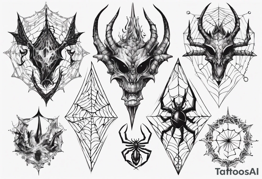 Dragon spiral spiderweb shattered chalices jewels, unicorn horn and a spider tattoo idea