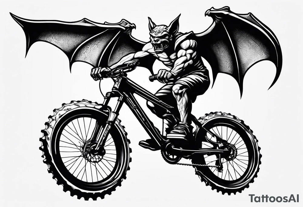 gargoyle riding a full suspension mountain bike with a shadow no background tattoo idea