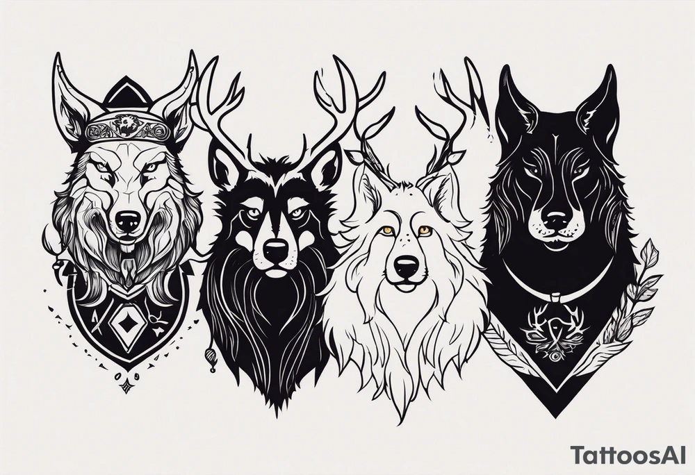 A Werewolf, a black dog, a rat and stag tattoo idea