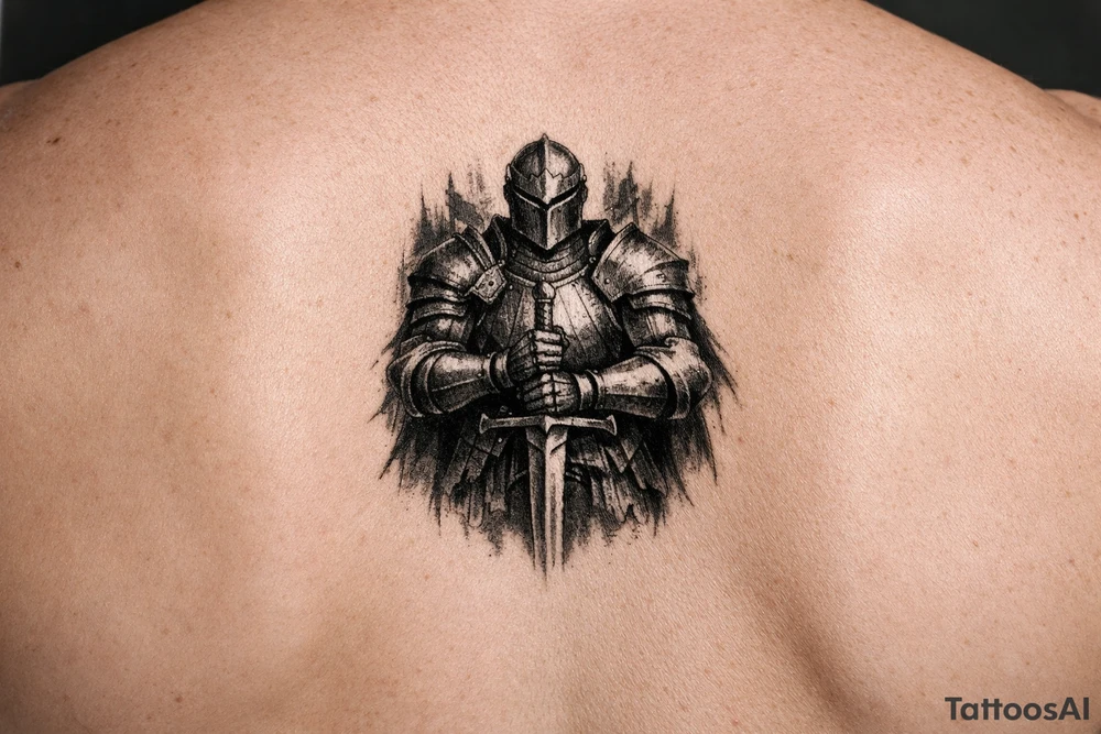 Knight in full plate armor, holding a sword, stoic pose, dark fantasy style tattoo idea